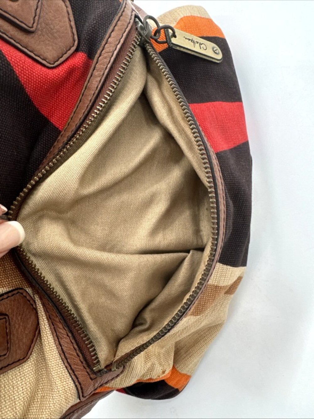 Cole Haan Striped Handbag Brown Leather Canvas Shoulder Aztec Double Handle Boho - Picture 8 of 12